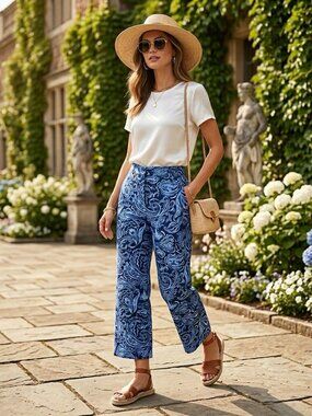 NWT Talbots Wide Leg sz 14P Cropped Paisley Blue Chino Womens Pants